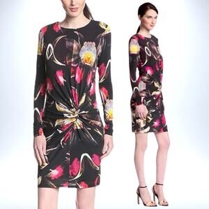TED BAKER Long Sleeve Sheath Dress Twisted Knot Ruched Floral Cocktail Office